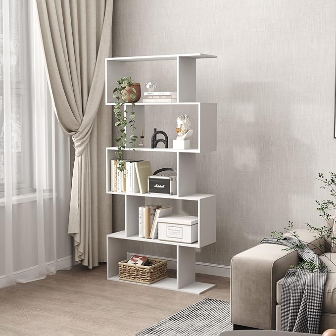 Yusong Bookshelf 5-Tier, Geometric Bookcase S Shaped Book Shelves for Bedroom, Modern Wood Decorative Display Shelf Book Case for Home Office, White - LeafyLoom