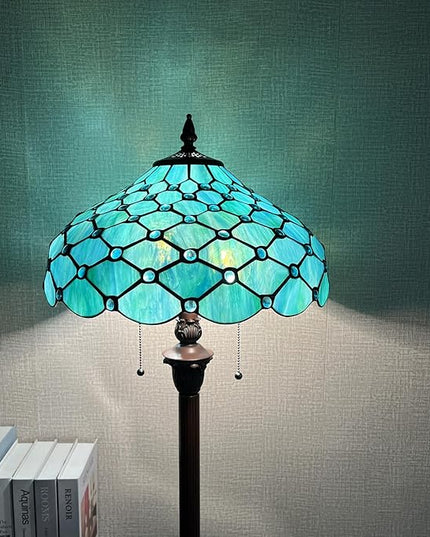 Capulina Tiffany Floor Lamp 2-Light 16X16X63 Inches Seagrass Blue Beads Style Stained Glass Standing Reading Light for Living Room Bedroom Home Office - LeafyLoom