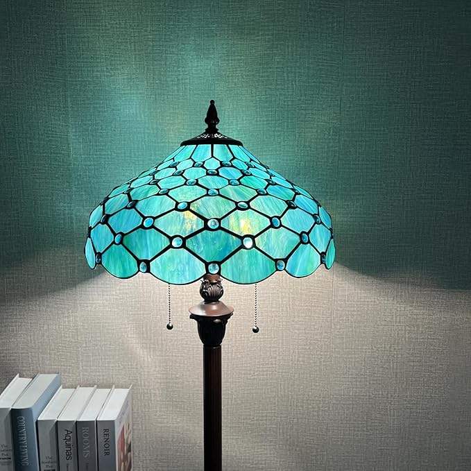 Capulina Tiffany Floor Lamp 2-Light 16X16X63 Inches Seagrass Blue Beads Style Stained Glass Standing Reading Light for Living Room Bedroom Home Office - LeafyLoom