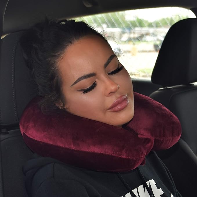 Adult Cozy Soft Microfiber Neck Pillow, Compact, Perfect for Plane or Car Travel, Burgundy - LeafyLoom