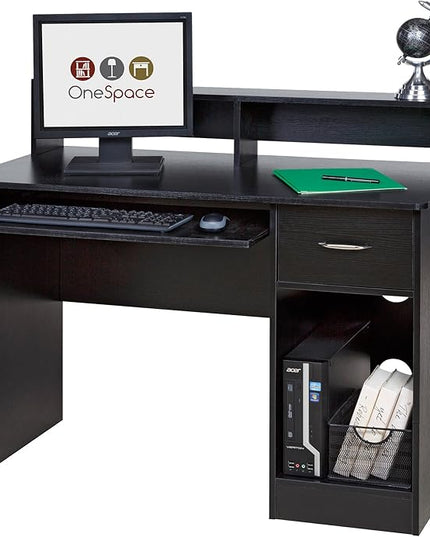 OneSpace Essential Computer Desk, Hutch with Pull-Out Keyboard, Black - LeafyLoom