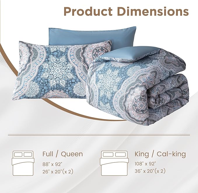 Sophia & William King Size Comforter Set for All Season, 3 Pcs Bedding Set with Foggy Blue Printed Comforter with & 2 Pillowcases - LeafyLoom