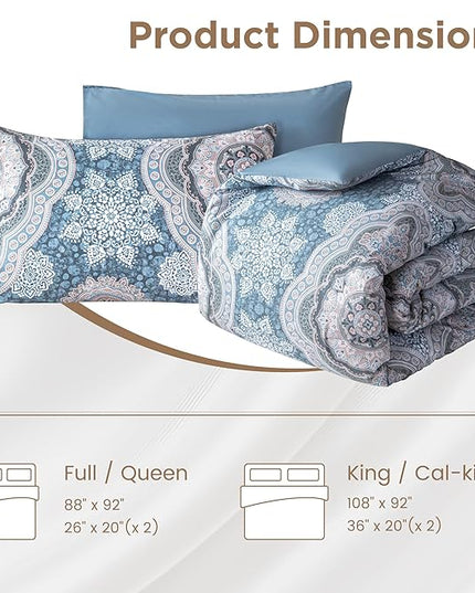 Sophia & William Queen Size Comforter Set for All Season, 3 Pcs Bedding Set with Foggy Blue Printed Comforter with & 2 Pillowcases - LeafyLoom