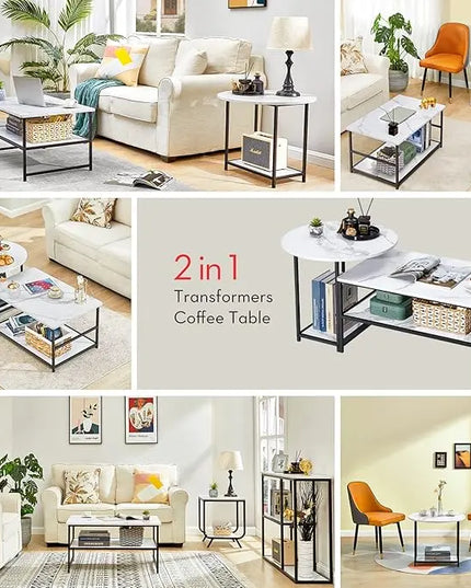 WOHOMO Coffee Table, White Modern Coffee Tables for Living Room, Detachable 2 Small Coffee Tables, Faux White Marble - LeafyLoom