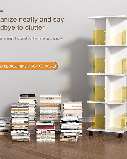 VECELO 4 Tier Rotating Bookshelf,360° Corner Display Shelf with Wheels, Book Storage with Acrylic Windows for Home Office, Living Room, Study Room, Bedroom, Small Footprint Large Capacity, White - LeafyLoom