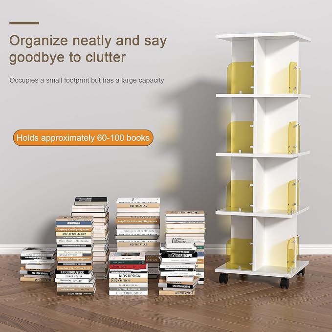 VECELO 4 Tier Rotating Bookshelf,360° Corner Display Shelf with Wheels, Book Storage with Acrylic Windows for Home Office, Living Room, Study Room, Bedroom, Small Footprint Large Capacity, White - LeafyLoom