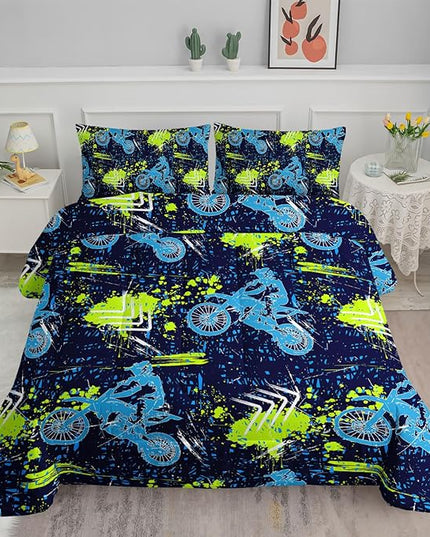 Axolotl Boys Dirt Bike Bedding Set Queen,Dirt Bike Comforter Set,Extreme Sports Tie Dye Bedding Set Motor Biker,Motocross Rider Comforter Set for Boys Kids Teens Men,1 Quilt 2 Pillowcases,Blue Green - LeafyLoom