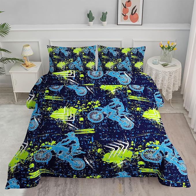 Axolotl Boys Dirt Bike Bedding Set Queen,Dirt Bike Comforter Set,Extreme Sports Tie Dye Bedding Set Motor Biker,Motocross Rider Comforter Set for Boys Kids Teens Men,1 Quilt 2 Pillowcases,Blue Green - LeafyLoom