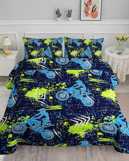 Axolotl Boys Dirt Bike Bedding Set Twin,Dirt Bike Comforter Set,Extreme Sports Tie Dye Bedding Set Motor Biker,Motocross Rider Comforter Set for Boys Kids Teens Men,1 Quilt 2 Pillowcases,Blue Green - LeafyLoom
