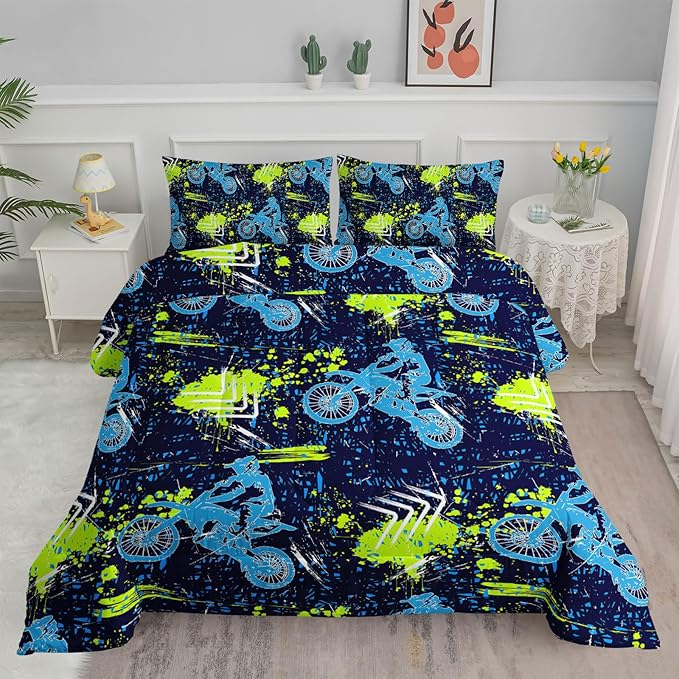 Axolotl Boys Dirt Bike Bedding Set Twin,Dirt Bike Comforter Set,Extreme Sports Tie Dye Bedding Set Motor Biker,Motocross Rider Comforter Set for Boys Kids Teens Men,1 Quilt 2 Pillowcases,Blue Green - LeafyLoom