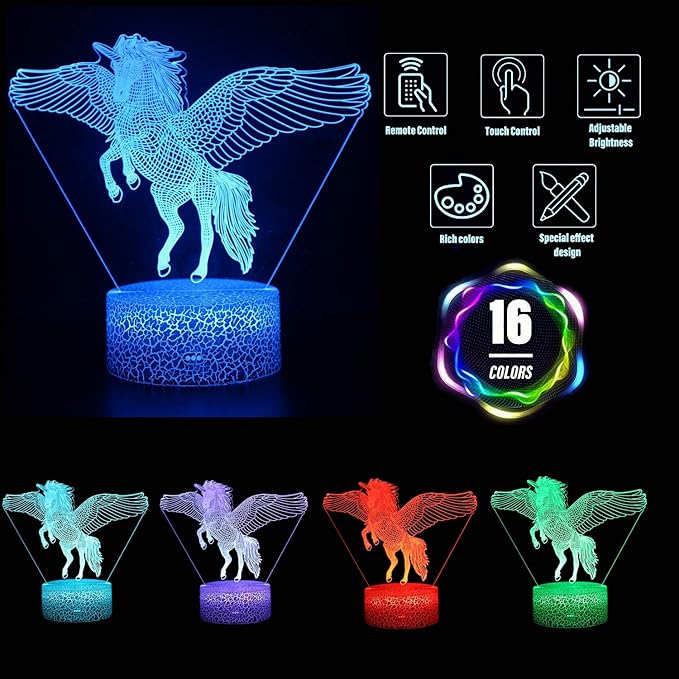Unicorn Night Light for Kids, 16 Colors 3D Illusion lamp with Remote Unicorn Toys for 2 3 4 5 6 7 8 Year Old Girls Birthday Gifts Bedroom Home Decorations - LeafyLoom