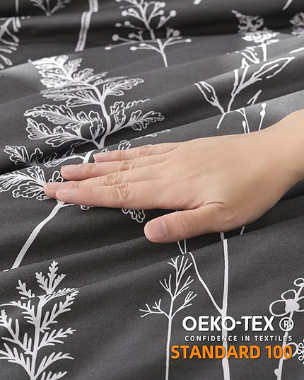 JANZAA Queen Comforter Set Dark Grey Comforter set Floral Comforter with 2 Pillow Cases Fluffy Microfiber Comforter Set for All Season Using Soft Comforter Set Boho - LeafyLoom