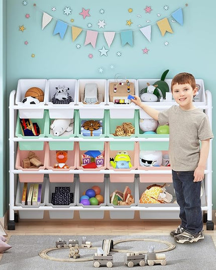 Kids Toy Storage Organizer with 20 Plastic Bins, 4-Tier Metal Toy Storage Rack, Extra Large Toy Organizer and Storage Bins for Kids Room, Playroom and Nursery, Multi-Color - LeafyLoom