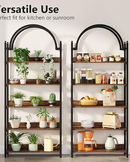 Tribesigns 5-shelf Arched Bookcase Set of 2, Rustic Wood Shelf with Black Metal Frame, Industrial Metal Etagere Open Bookshelf (2, Brown+Black) - LeafyLoom