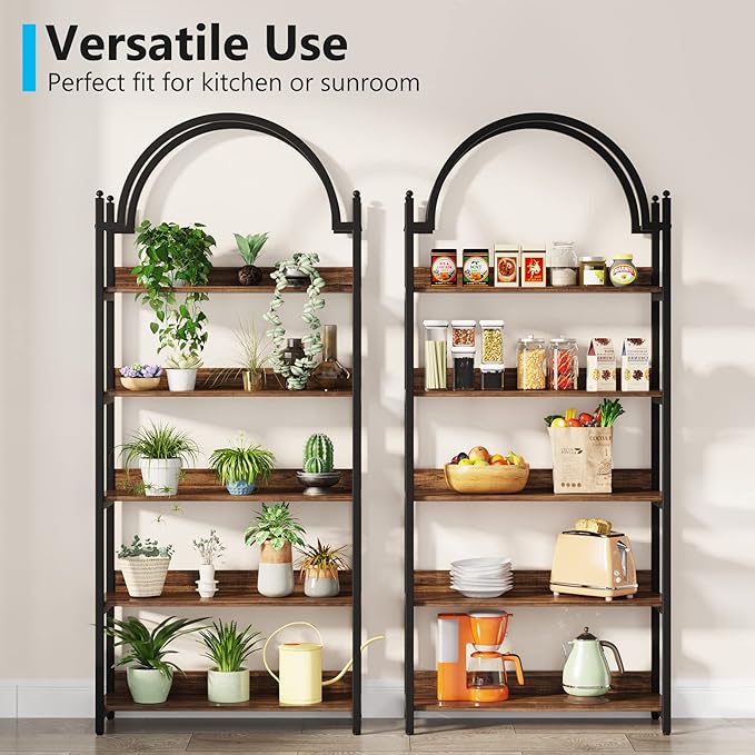 Tribesigns 5-shelf Arched Bookcase Set of 2, Rustic Wood Shelf with Black Metal Frame, Industrial Metal Etagere Open Bookshelf (2, Brown+Black) - LeafyLoom