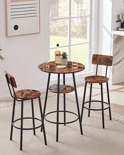 Dining Table Set for 2, Bar Table and Chairs Set, Industrial Counter Height Round Bar Table with Storage Shelf, and 2 Stools with Backrest & Footrest, for Kitchen, Bar, Small Space, Rustic Brown - LeafyLoom