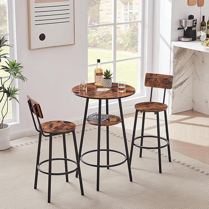 Dining Table Set for 2, Bar Table and Chairs Set, Industrial Counter Height Round Bar Table with Storage Shelf, and 2 Stools with Backrest & Footrest, for Kitchen, Bar, Small Space, Rustic Brown - LeafyLoom