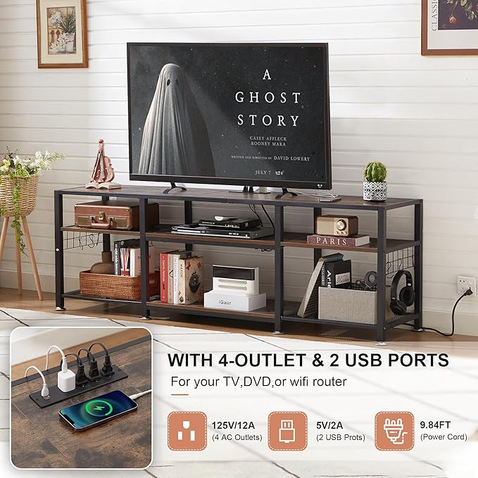VECELO TV Stand with Power Outlets for Televisions Up to 75 Inch, Industrial Entertainment Center with 3-Tier Open Storage Shelves & 6 Hooks for Living, Bedroom and Gaming Room, 70 Inch, Brown - LeafyLoom