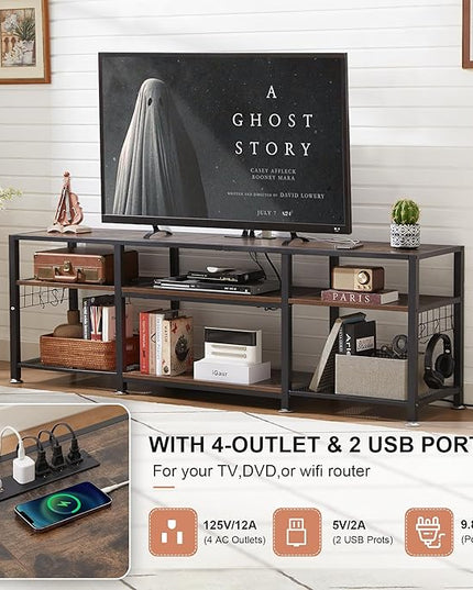 VECELO TV Stand with Power Outlets for Televisions Up to 70 Inch, Industrial Entertainment Center with 3-Tier Open Storage Shelves & 6 Hooks for Living, Bedroom and Gaming Room, 63 Inch, Brown - LeafyLoom