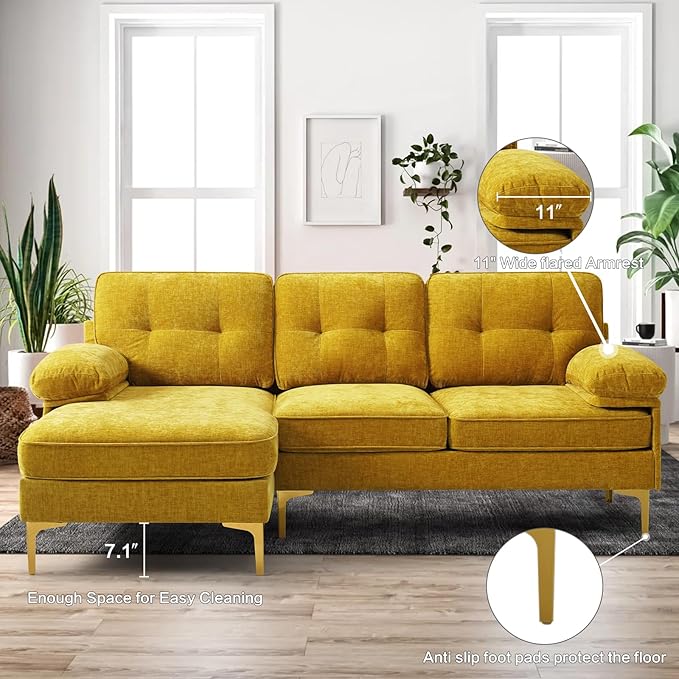 EASELAND 82" L-Shape Sofa with Reversible Chaise Lounge, Convertible Sectional Sofa Couch, Chenille Modern Sofa Couch for Living Room, Apartment and Office, Removable Cover (Yellow) - LeafyLoom