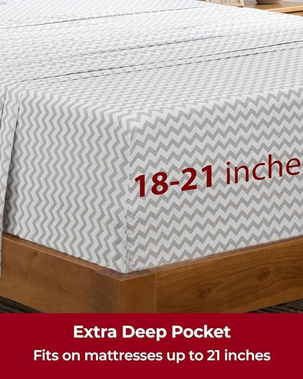 Mellanni Extra Deep Queen Sheets - 4 PC Iconic Collection Bedding Sheets & Pillowcases - Hotel Luxury, Ultra Soft, Cooling Bed Sheets - Extra Deep Pocket up to 21 inch (Queen, Chevron Gray) - LeafyLoom