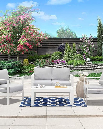 Wisteria Lane Outdoor Patio Furniture Set, 4 Pieces Aluminum Sectional Sofa, Metal Patio Conversation Set with Loveseat, 5 Inch Light Grey Cushion and Coffee Table (White & Light Grey) - LeafyLoom