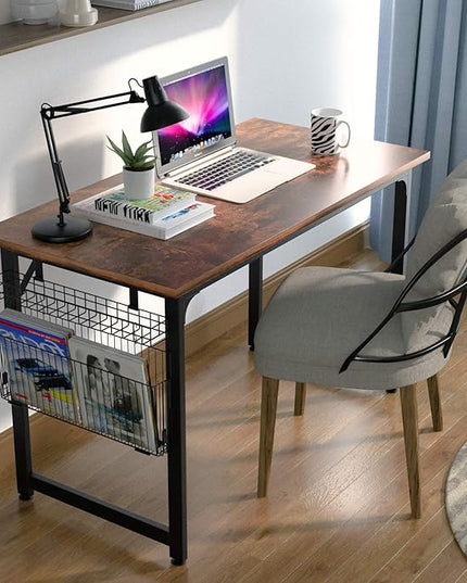 ASTARTH Study Computer Desk-47 Inch Home Office Desk, Wood Storage Table, Modern Writing Style Laptop Table, Black Metal Frame, PC Table with Storage Basket and Headphone Hooks, Rustic Brown - LeafyLoom