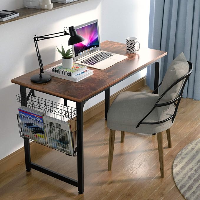 ASTARTH Study Computer Desk-47 Inch Home Office Desk, Wood Storage Table, Modern Writing Style Laptop Table, Black Metal Frame, PC Table with Storage Basket and Headphone Hooks, Rustic Brown - LeafyLoom
