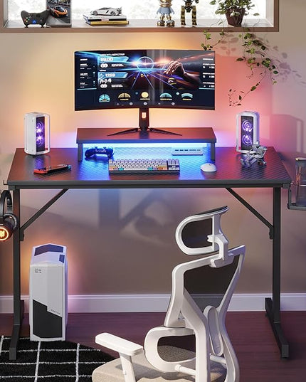 Bestier Small Gaming Desk with Monitor Stand, 42 inch LED Computer Desk, Gamer Workstation with Cup Holder & Headset Hooks, Modern Simple Style Desk for Home Office, Carbon Fiber Black - LeafyLoom