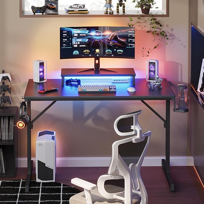 Bestier Small Gaming Desk with Monitor Stand, 42 inch LED Computer Desk, Gamer Workstation with Cup Holder & Headset Hooks, Modern Simple Style Desk for Home Office, Carbon Fiber Black - LeafyLoom