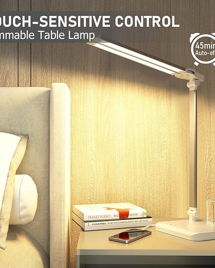 LED Desk Lamp Dimmable Table Lamp with USB Charging Port, 50 Lighting Modes, Adjustable Foldable Dual Swing Arm Architect Desk Lamp for Home Office, Eye-Caring Reading Lamp w/ Pen Holder 45min Timer - LeafyLoom