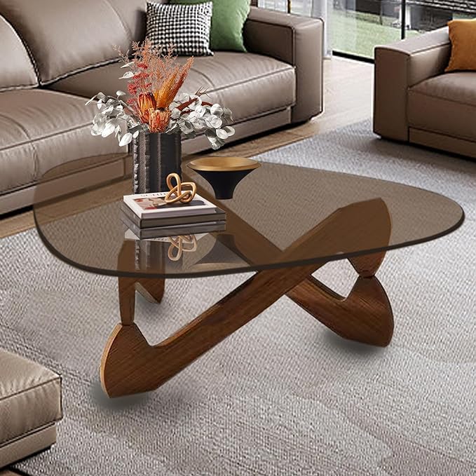 Triangle Coffee Table Glass Coffee Table for Living Room Clear Glass Coffee Table with Solid Wood Base Mid Century Modern Coffee Table for Small Spaces (Walnut-Brown, 44.9in) - LeafyLoom