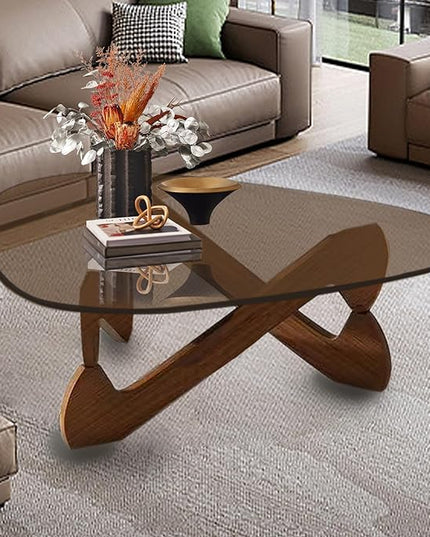 Triangle Coffee Table Glass Coffee Table for Living Room Clear Glass Coffee Table with Solid Wood Base Mid Century Modern Coffee Table for Small Spaces (Walnut-Brown, 32.3in) - LeafyLoom
