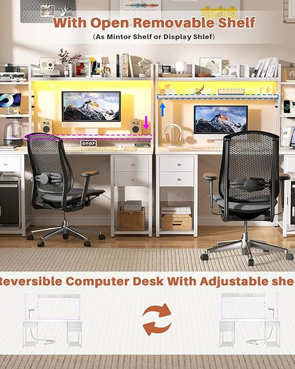 Aheaplus Desk with LED and Outlets, Gaming Desk with Hutch, 47.2'' Computer Desk with Drawers, Reversible Office Desk with Storage Bookshelf Large Workstation Desk with Shelf, Desk for Home, White - LeafyLoom