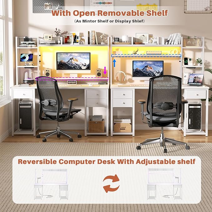 Aheaplus Desk with LED and Outlets, Gaming Desk with Hutch, 47.2'' Computer Desk with Drawers, Reversible Office Desk with Storage Bookshelf Large Workstation Desk with Shelf, Desk for Home, White - LeafyLoom