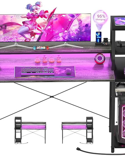 armocity 2024 Upgrade Gaming Desk with LED Lights, Small Computer Desk with Long Monitor Stand, 47.2'' Reversible Laptop Table with Storage Shelves, Small Desk for Small Spaces, Gaming Room, Grey - LeafyLoom