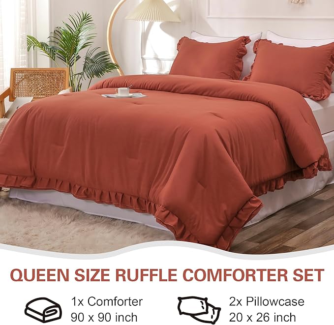 Terracotta Double Ruffle Comforter Set Queen Size (90x90 Inch), 3 Pcs Farmhouse Vintage Comforter Set (1 Ruffled Comforter and 2 Pillowcase), Rustic All Season Down Alternative Bedding Set - LeafyLoom