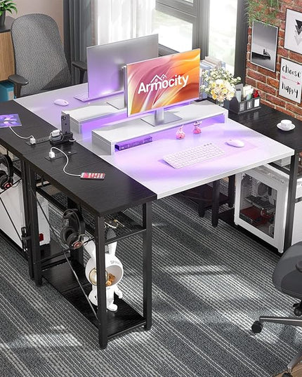 armocity Computer Desk with LED Lights, 55 Inch Desk with Power Outlet and USB, Reversible Large Desk with Moveable Monitor Stand, 55.2'' Gaming PC Table for Home Office, Workstation, White and Black - LeafyLoom