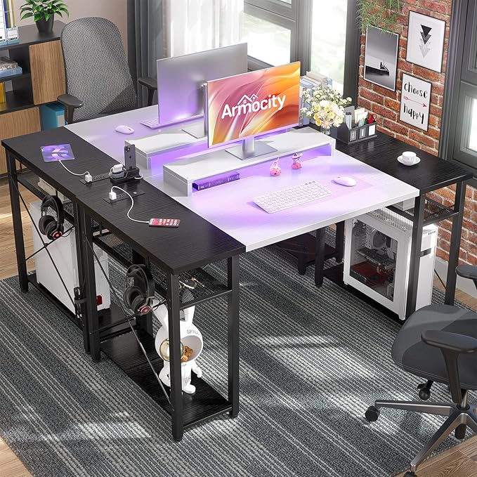 armocity Computer Desk with LED Lights, 48 Inch Desk with Power Outlet and USB, Reversible Large Desk with Moveable Monitor Stand, 48'' Gaming PC Table for Home Office, Workstation, White and Black - LeafyLoom