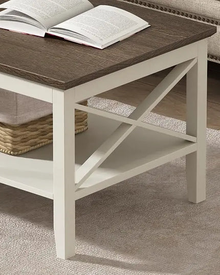ChooChoo Oxford Coffee Table, Wooden Coffee Table with Thicker Legs, White Coffee Table with Storage for Living Room - LeafyLoom