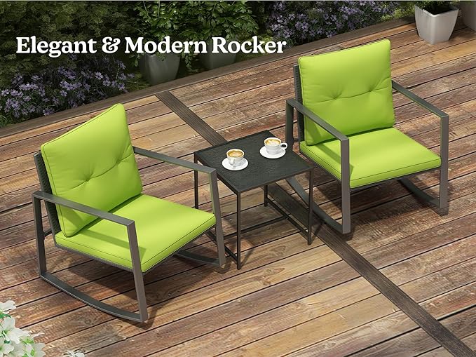 3 Piece Rocking Bistro Set - Synthetic Wicker Outdoor Furniture - Glass Coffee Table with 2 Chairs for Balcony, Patio & Porch - Black Metal, Soft Cushions (Green) - LeafyLoom