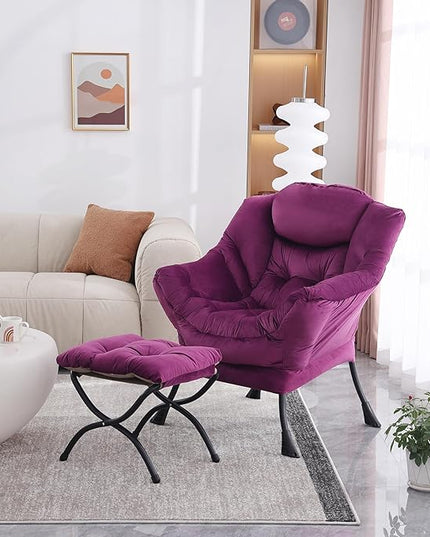 Lazy Chair with Ottoman, Modern Accent Chair Contemporary Lounge Leisure Upholstered Sofa Chair Set with Armrests, Reading Chair for Living Room, Bedroom, Office, Dark Purple - LeafyLoom