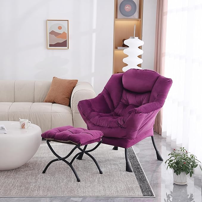Lazy Chair with Ottoman, Modern Accent Chair Contemporary Lounge Leisure Upholstered Sofa Chair Set with Armrests, Reading Chair for Living Room, Bedroom, Office, Dark Purple - LeafyLoom