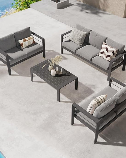 Wisteria Lane Aluminum Outdoor Patio Furniture Set, Modern Patio Conversation Sets, Outdoor Sectional Metal Sofa with 5 Inch Cushion and Coffee Table for Balcony, Garden, Dark Grey - LeafyLoom