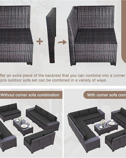 12PCS Patio Furniture Set Sofa Wicker Sectional Sofa Set, Outdoor Furniture Rattan Patio Conversation Set with Cushions and Glass Coffee Table, Black - LeafyLoom