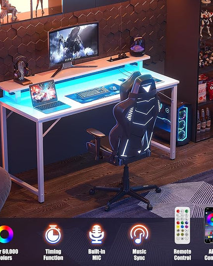Computer Desk with USB Power Outlets and LED Lights, 47 inch Gaming desk with Monitor Stand for Small Space Home Office, Modern Simple Study Writing Table PC Desks, White - LeafyLoom