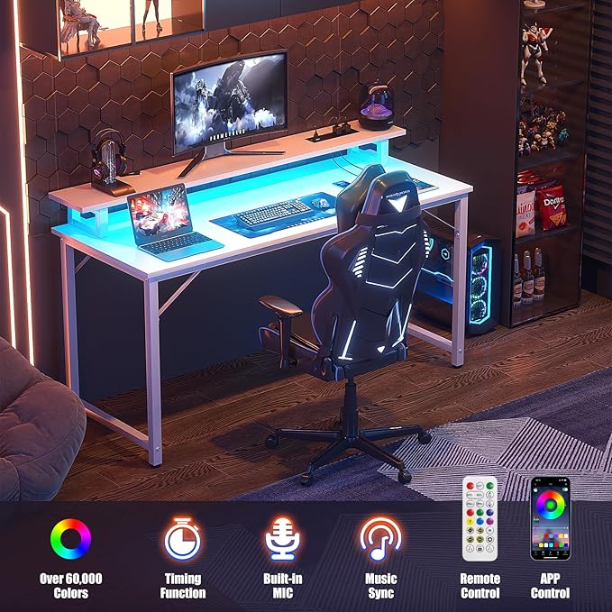 Computer Desk with USB Power Outlets and LED Lights, 47 inch Gaming desk with Monitor Stand for Small Space Home Office, Modern Simple Study Writing Table PC Desks, White - LeafyLoom