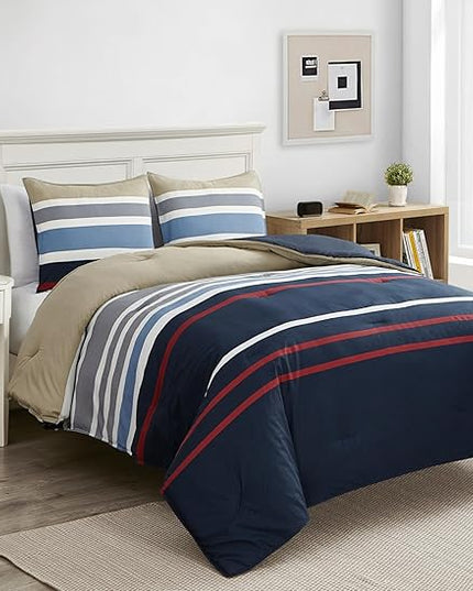 Nautica - Twin Comforter Set, Cotton Reversible Bedding with Matching Sham, Stylish Home Decor, Dorm Room Essentials (Bradford Navy/Khaki, Twin) - LeafyLoom