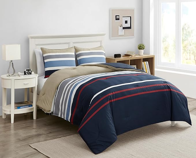 Nautica - Twin Comforter Set, Cotton Reversible Bedding with Matching Sham, Stylish Home Decor, Dorm Room Essentials (Bradford Navy/Khaki, Twin) - LeafyLoom