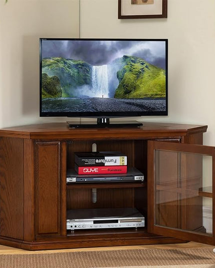 Leick Home 88285 One Door Corner Stand with Adjustable Shelf For 50" TV's, Burnished Medium Oak, 20 x 46.75 x 24.25 - LeafyLoom